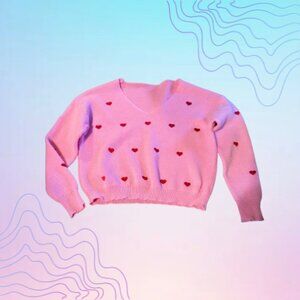 PINK Heart Print V-Neck Sweater